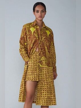 "Saaksha & Kinni Yellow Abstract Tile Print Long Shirt Dress" Relaxed Fit
